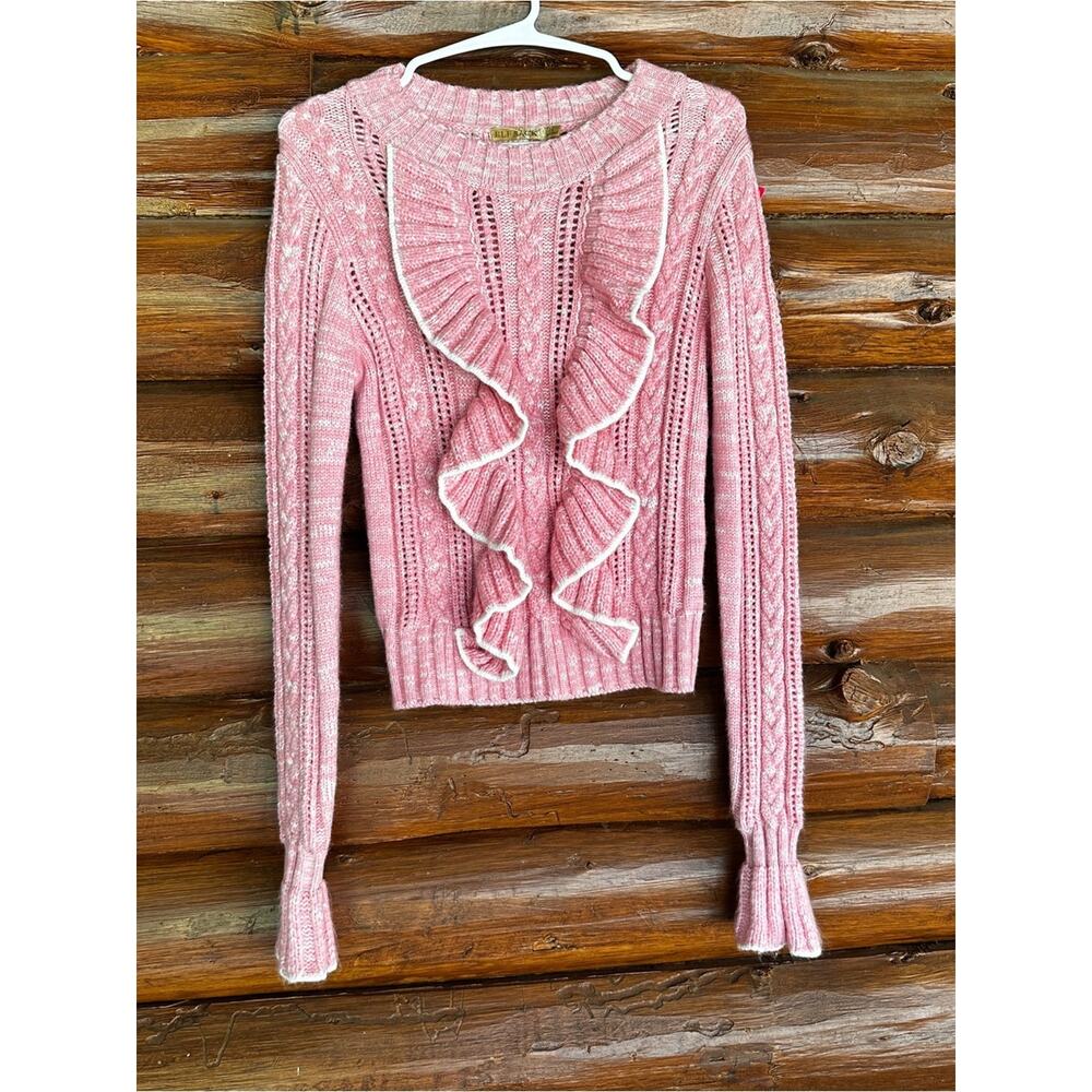 Ruffled Cable-Knit Scoop Sweater - Pink